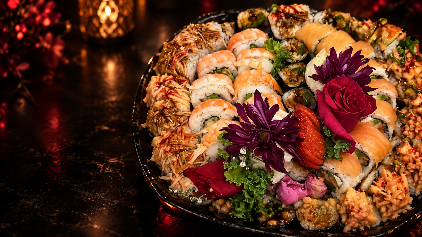 Southern Chopstix sushi platter with hand-rolled sushi and floral garnish